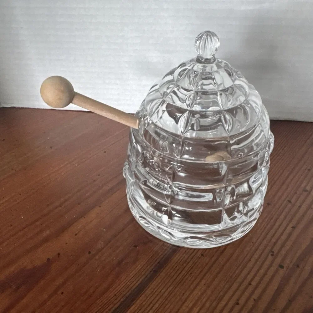 Beehive Crystal Honey  Storage Serving Glass Jar Dispenser with Wooden Dipper